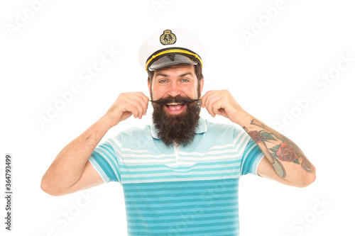 Wear moustache and look like real man. Happy seaman twirl moustache. Bearded man with moustache isolated on white. Captain moustache. Barbershop. Barber shop. Make sailing great again © be free