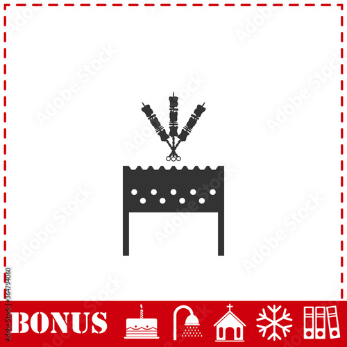 Barbecue grill with shashlik icon flat