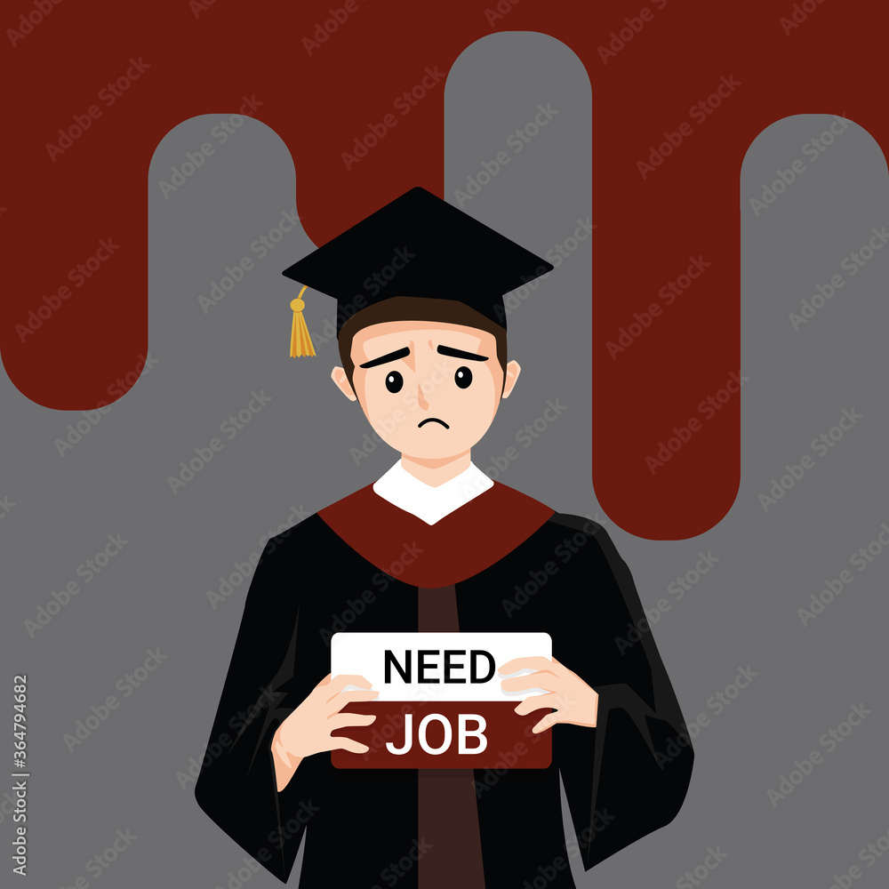 Man wearing graduation gown graduated from university while jobless and economic depression due Covid-19 pandemic concept. Unemployment problems and labor market crisis. Vector illustration
