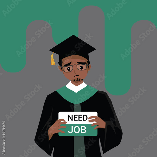 African-American Man wearing graduation gown graduated from university while jobless and economic depression due Covid-19 pandemic concept. Unemployment problems and labor market crisis. Vector