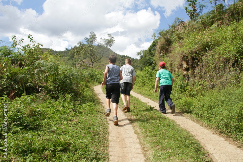 Boys walking along a mountain trail in Brazil Boys walking along a mountain trail in Brazil
