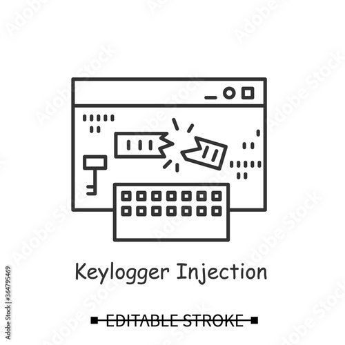 Keylogger icon. Keyboard input logger injection linear pictogram. Concept of safe internet browsing and hacker account and financial data stealing attack. Editable stroke vector illustration