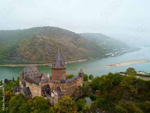 Stahleck Castle  German  Burg Stahleck  is a 12th-century fortified castle in the Upper Middle Rhine Valley at Bacharach in Rhineland-Palatinate  Germany. Photographed from a drone in the fall of 2019