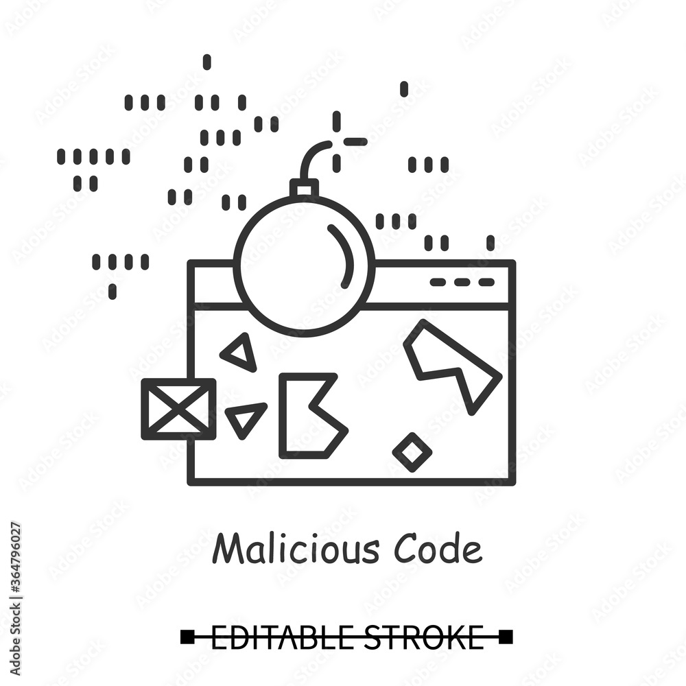 Obraz premium Malicious code icon. Web page and bomb linear pictogram. Concept of website code exploit, safe internet browsing and web site code injection hacker attack. Editable stroke vector illustration