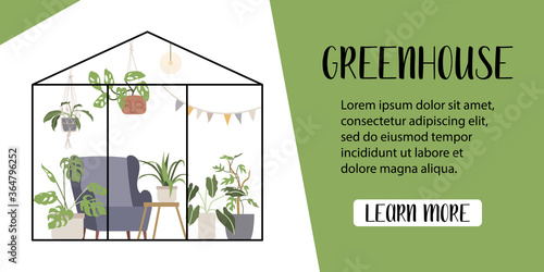 Greenhouse and houseplants. Urban jungle concept. Hand drawn vector illustration in flat cartoon style. Perfect for landing page, banner, website
