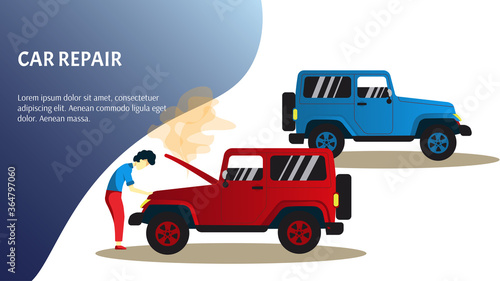 Men repairing a car, Broken car, Emergency stop, Car repair, Jeep concept. Vector illustration. 