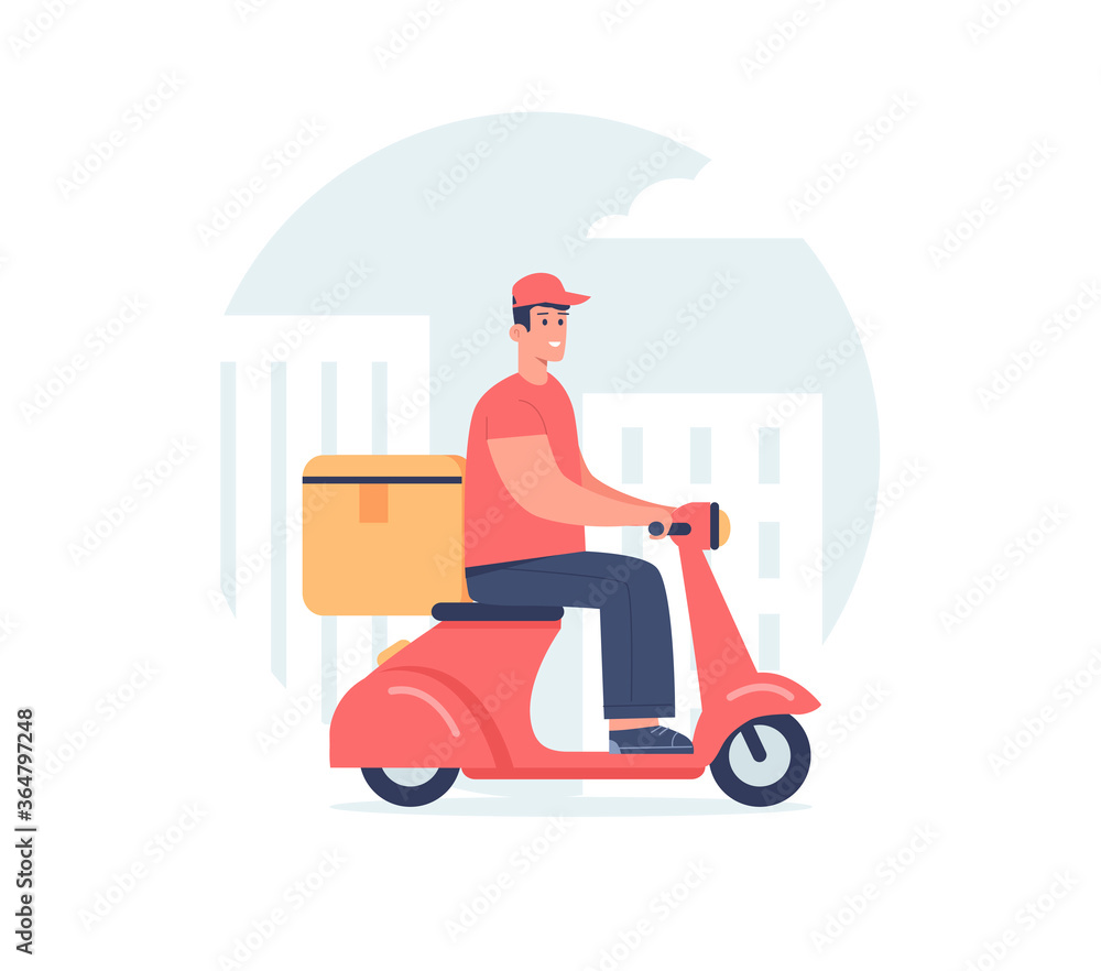 A courier carries delivery order  on his red scooter to customers
