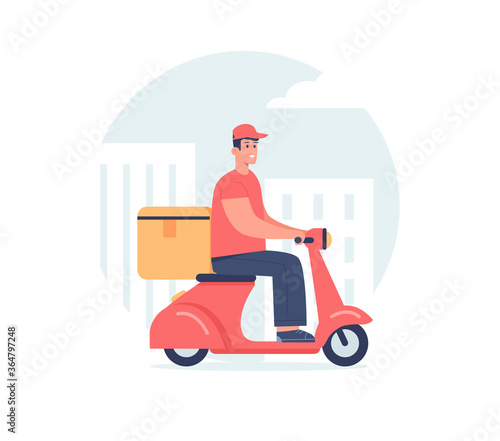 A courier carries delivery order  on his red scooter to customers © HilaryDesign