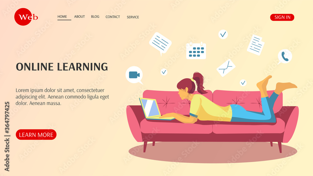 Obraz premium Web page design template for distance education, training, language courses. Girl with laptop lying on the sofa and learning. Vector illustration. 