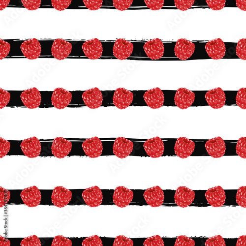 Raspberry seamless pattern. Red Berry Digital Paper, Scrapbook Paper. Razz and Leaves Drawing. Background design for sweets and pastries filled with raspberry, dessert menu, health care products.