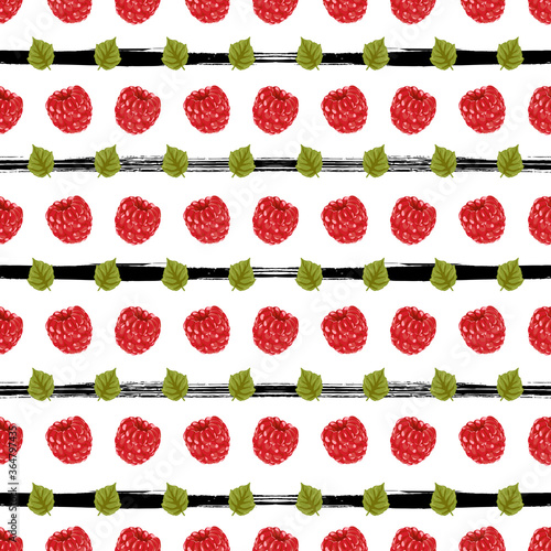 Raspberry seamless pattern. Red Berry Digital Paper, Scrapbook Paper. Razz and Leaves Drawing. Background design for sweets and pastries filled with raspberry, dessert menu, health care products.