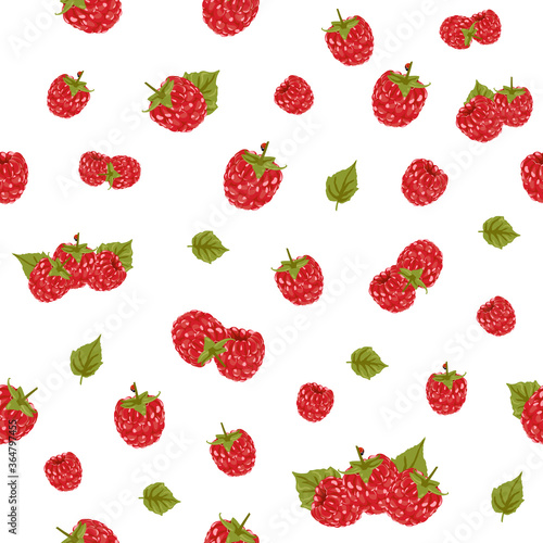 Raspberry seamless pattern. Red Berry Digital Paper, Scrapbook Paper. Razz and Leaves Drawing. Background design for sweets and pastries filled with raspberry, dessert menu, health care products.