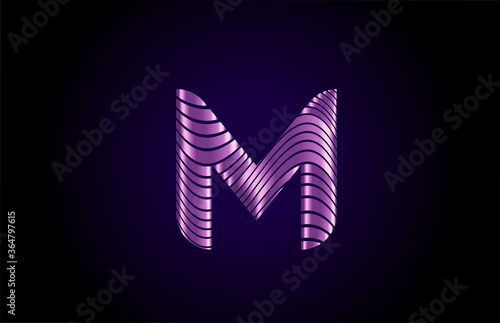 M purple alphabet letter logo icon for company. Metallic line design for coporate identity