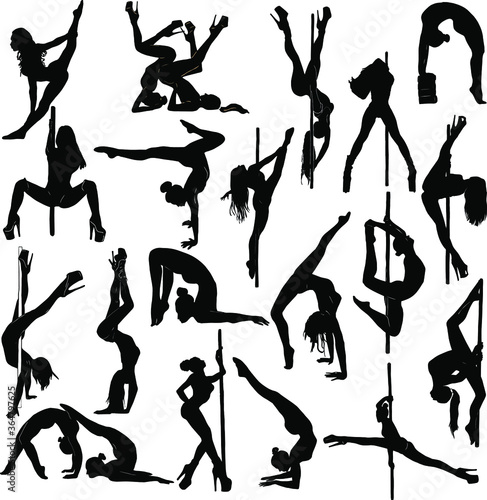 Illustration of a set of athletic girl on a pylon, stretching, stretching, pilates.