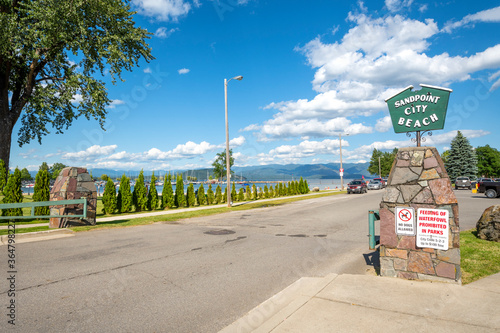 The entrance to the public beach and park on Lake Pend Oreille in the mountain town of Sandpoint, Idaho, USA, on a summer day.