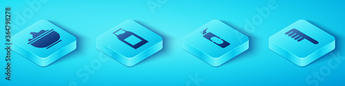 Set Isometric Sea salt in a bowl, Bottle with milk, Hairbrush and Spray can for hairspray icon. Vector.