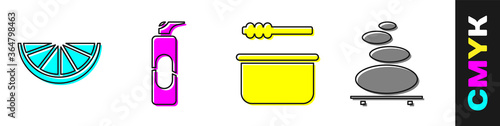 Set Citrus fruit, Spray can for hairspray, Sauna bucket and ladle and Stack hot stones icon. Vector.
