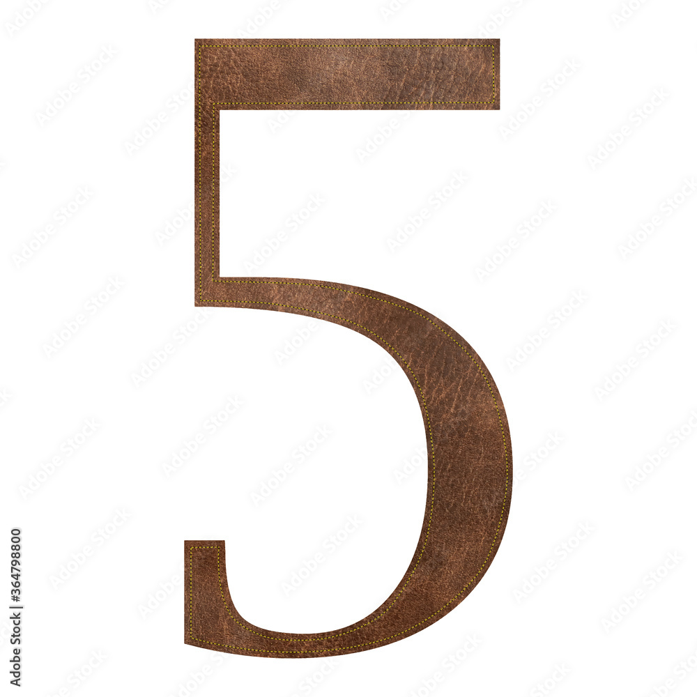 Brown leather number five with yellow stitch, isolated on white background, vector illustration Brown leather number five with yellow stitch, isolated on white background, vector illustration