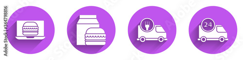 Set Online ordering burger delivery, Online ordering and burger delivery, Fast delivery by car and Fast delivery by car icon with long shadow. Vector.
