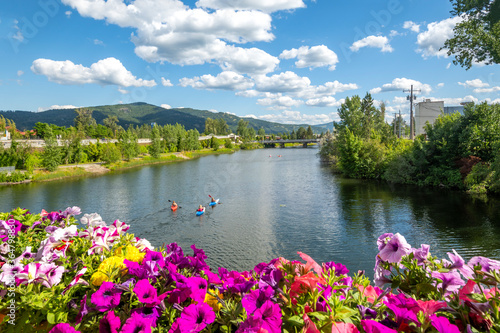 Fototapeta Naklejka Na Ścianę i Meble -  A group of kayakers enjoy a beautiful summer day on Sand Creek River and Lake Pend Oreille in the downtown area of Sandpoint, Idaho, USA