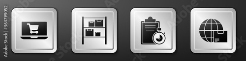 Set Shopping cart on laptop, Warehouse, Verification of delivery list clipboard and Worldwide shipping and box icon. Silver square button. Vector.
