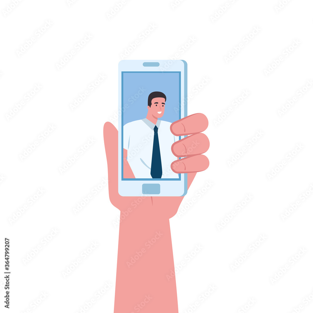 Hand holding smartphone with man in video chat design, Call online conference and webcam theme Vector illustration