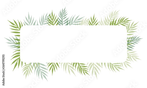 Jungle tropical background frame with palm tree leaves and white rectangle for text for wallpaper decorative floral design. Frame green leaf in abstract botanical style on white background.