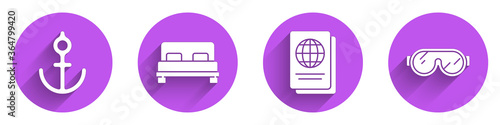 Set Anchor, Big bed, Passport and Ski goggles icon with long shadow. Vector.