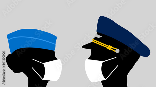 Pilot and stewardess with face masks