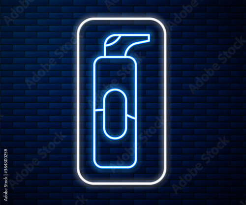 Glowing neon line Spray can for hairspray, deodorant, antiperspirant icon isolated on brick wall background. Vector Illustration.
