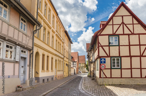 Street with historic houses in the center of Quedlinburg, Germany