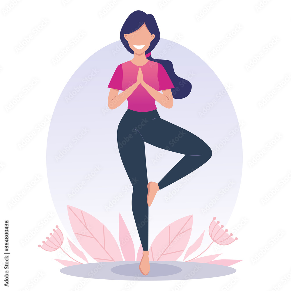 A young and happy girl practices yoga and meditates. Vrikshasana, tree pose. Physical and spiritual practice. Vector illustration in flat cartoon style. A young and happy girl practices yoga and meditates. Vrikshasana, tree pose. Physical and spiritual practice. Vector illustration in flat cartoon style.
