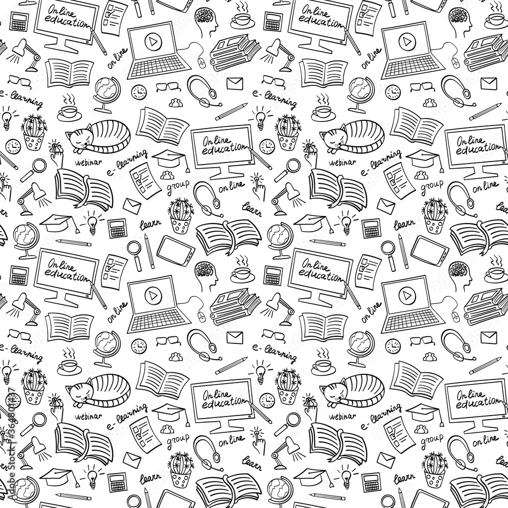 Online education hand drawn seamless pattern. E-learning doodles. Vector illustration.
