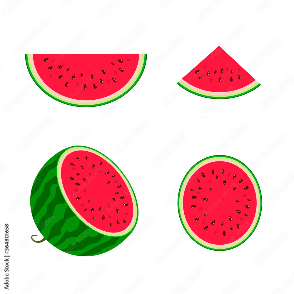 Set of watermelons - a half watermelon, a piece, slice and a triangle of watermelon. Fruit isolated on a white background. Stock vector illustration. Set of watermelons - a half watermelon, a piece, slice and a triangle of watermelon. Fruit isolated on a white background. Stock vector illustration.