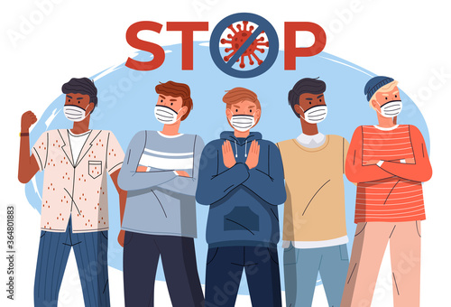 Crowd of multinational guys in face medical masks protesting against world epidemy. Group of characters gesturing stop signs to spreading virus. Concept of covid19. Stop gesture, crossed out sign