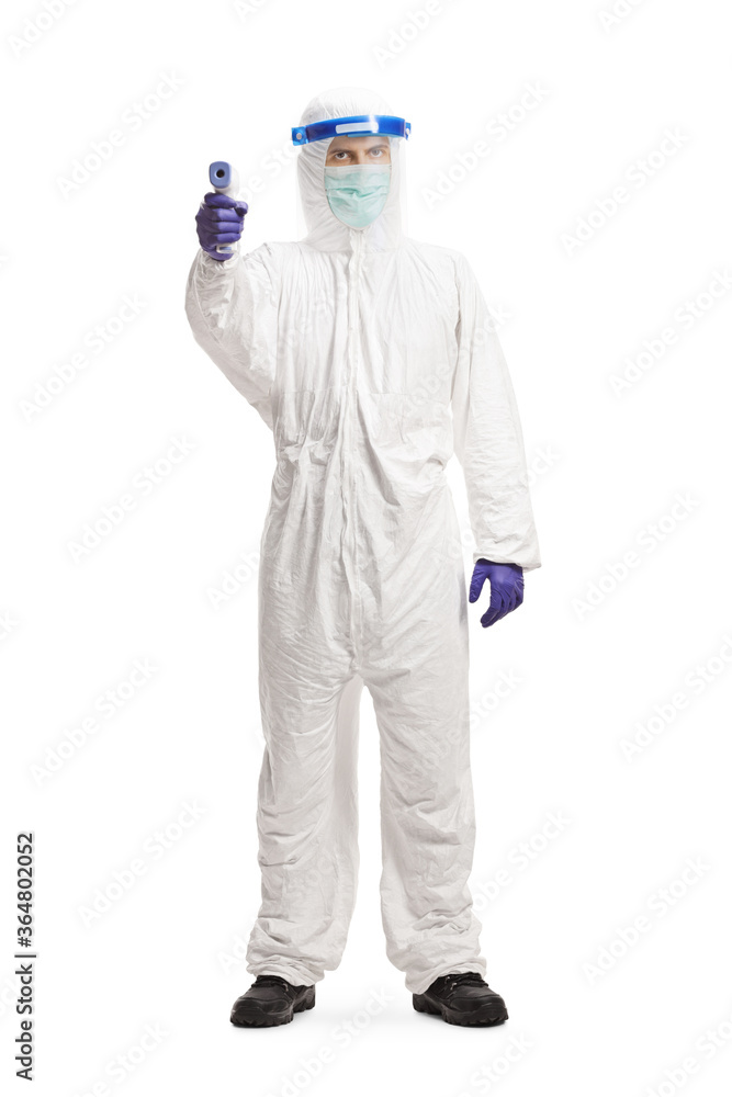 Specialist in a hazmat suit measuring temperature Specialist in a hazmat suit measuring temperature