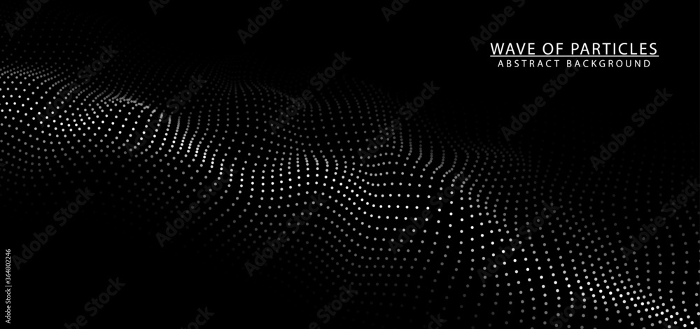 Digital dynamic wave of particles. Big data visualization. Vector abstract black futuristic background.