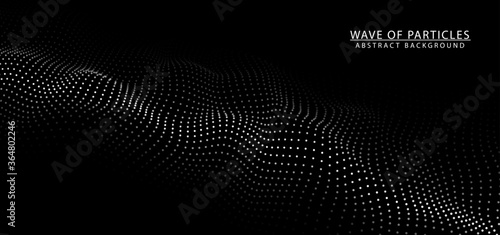 Digital dynamic wave of particles. Big data visualization. Vector abstract black futuristic background.