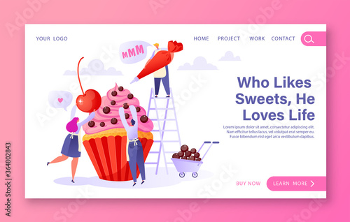 Landing page concept with sweets production. Flat cartoon people make delicious cupcake. Man presses cream on cupcake, another character decorated with chocolate balls, girl puts large cherry on top.
