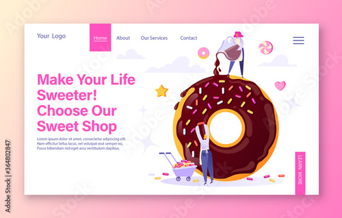 Concept of sweets production, pastries and confectionery for landing page template. Tiny men in flat cartoon style make big donut. Woman pours icing, man decorates donut. Cute vector illustration.