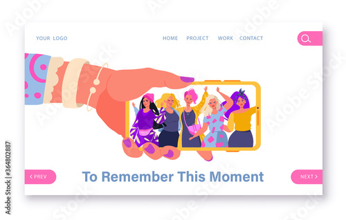 Concept of friendship for web, landing pages. Template for web design with group of smiling, happy people posing for selfie, group of joyful people photographing themselves, embracing each other.