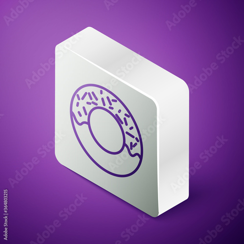 Isometric line Donut with sweet glaze icon isolated on purple background. Silver square button. Vector Illustration.