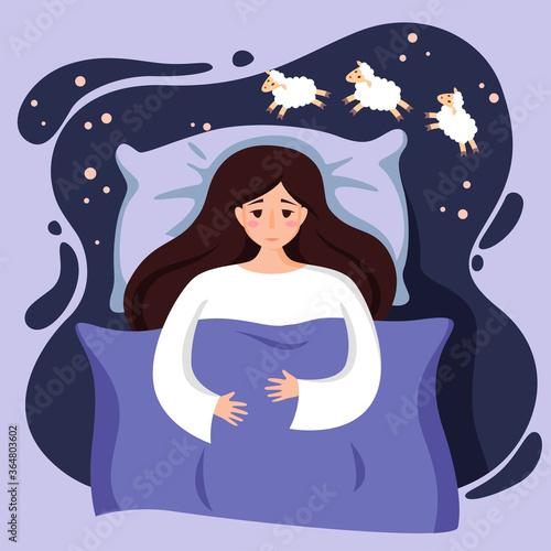 Insomnia. Beautiful young girl in bed with open eyes  cannot sleep. Woman counting sheep. Vector illustration in flat style