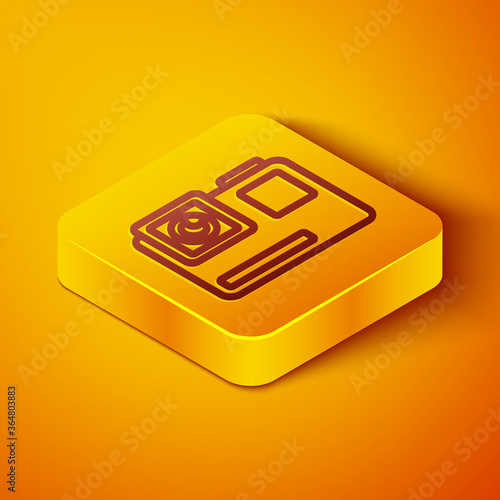 Isometric line Action extreme camera icon isolated on orange background. Video camera equipment for filming extreme sports. Yellow square button. Vector Illustration.