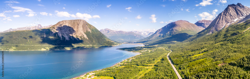 Panoramic Aerial View of a Fjord in the Lofoten Islands in Norway