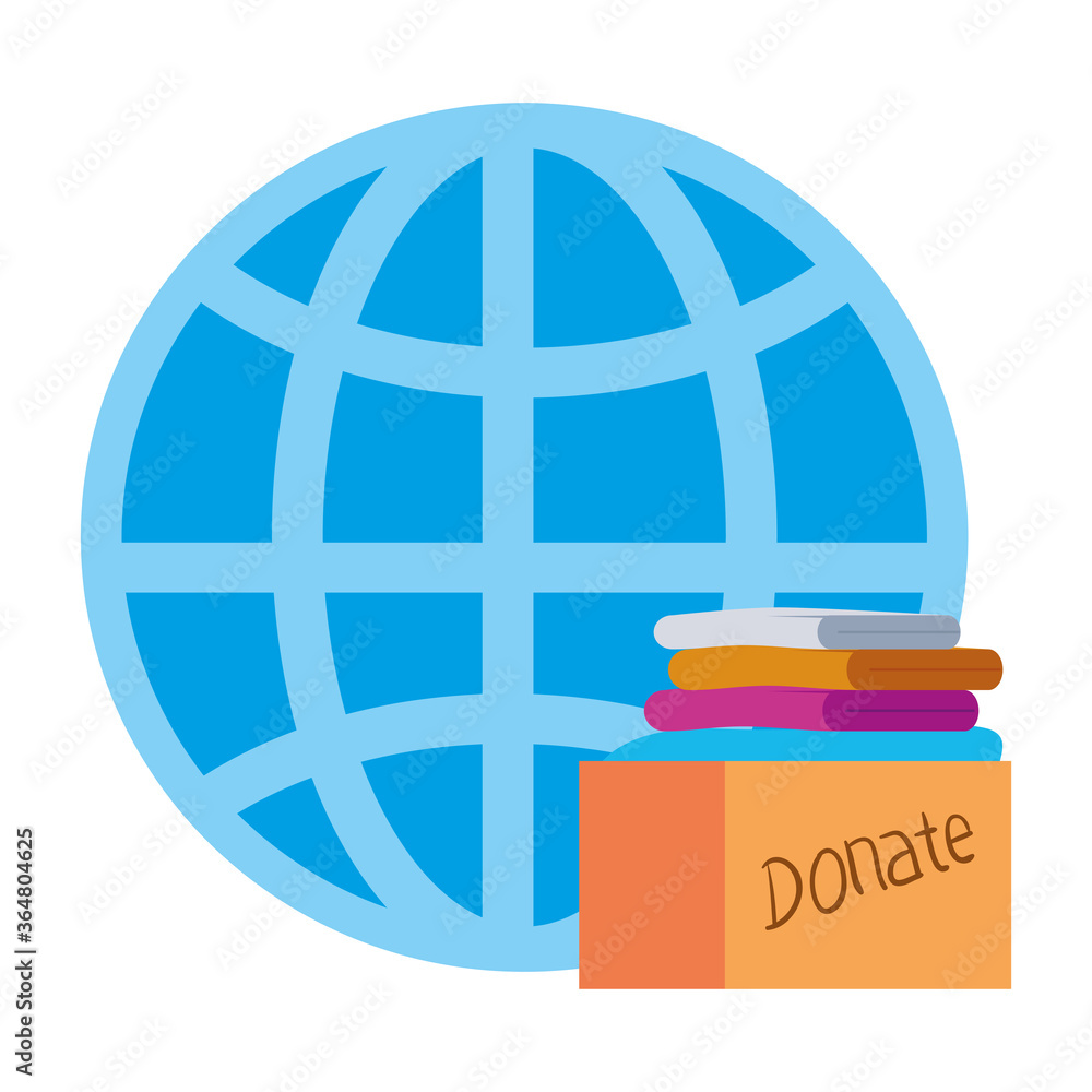 Global sphere with donate cloth inside box design of Volunteer charity community care and work theme Vector illustration Global sphere with donate cloth inside box design of Volunteer charity community care and work theme Vector illustration