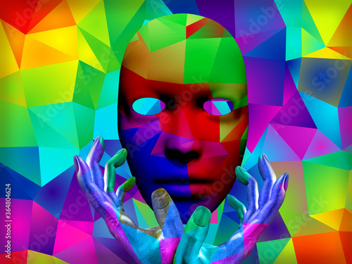 Принти на полотні Mask with colorful kaleidoscopic pattern and human's handsLife capsule