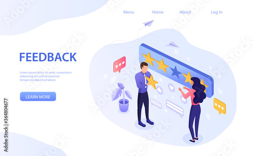 Feedback concept with a man and woman using a five gold star rating for excellence with copyspace for text alongside, colored vector illustration