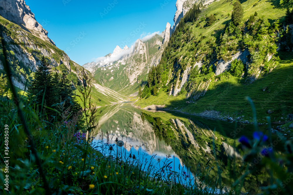 Mountain's Reflections in a crystal clear alpine mountain lake (Fälensee) in Appenzell, Switzerland