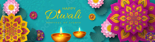 Diwali, festival of lights holiday banner with paper cut style of Indian Rangoli, diya - oil lamp and lotus flowers. Turquoise color background. Vector illustration.